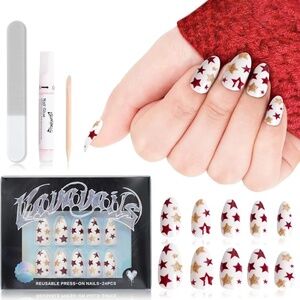 White With Gold And Red Stars Medium Almond Press On Nails VAVAVAILS